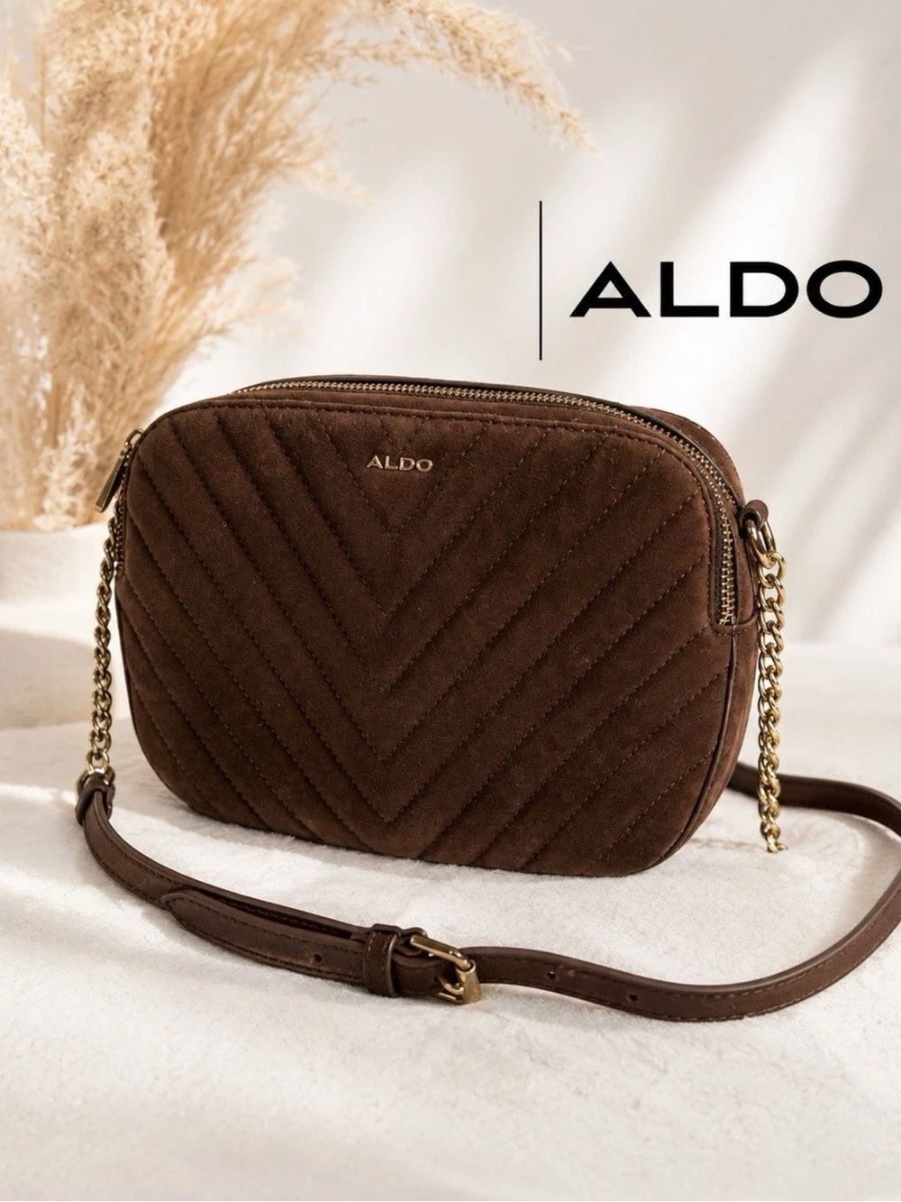ALDO Chocolate Brown Quilted Suede Crossbody Bag